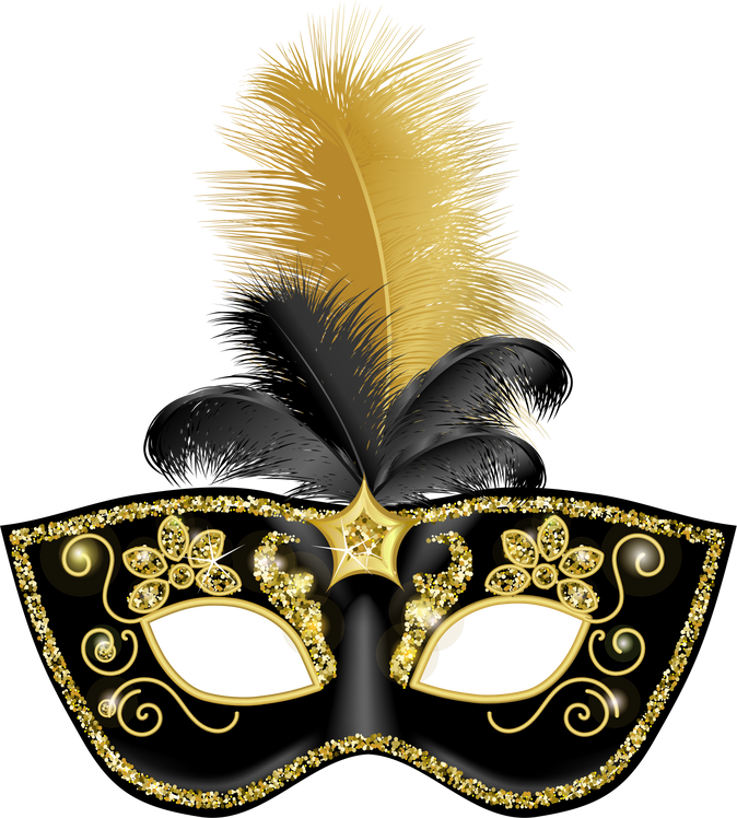 Black carnival mask, gold feathers, gold decorative buttons